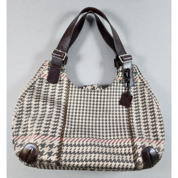 Brown Plaid Houndstooth Hobo Style Bag Leather Accents Lauren Ralph Lauren - Picture 1 of 15